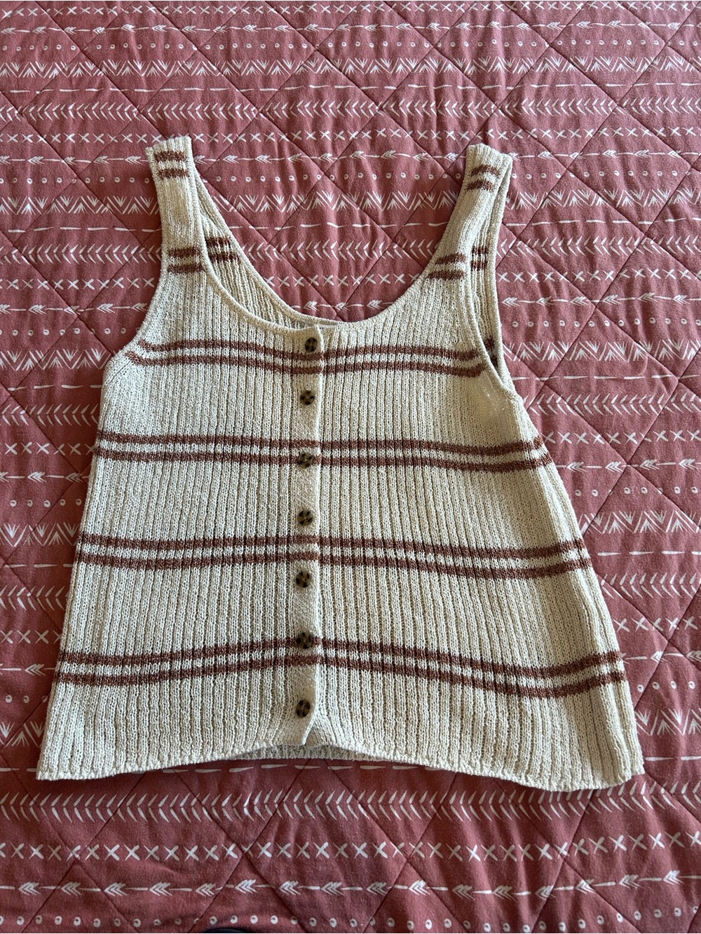 Striped Cream Knit Tank Top with Brown Accents
